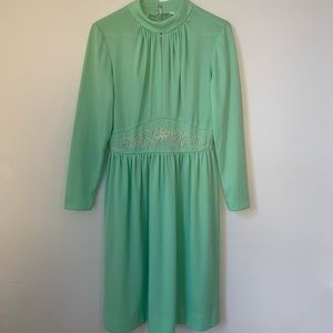 Vintage 70s Sears High Neck Green Embroidery Dress